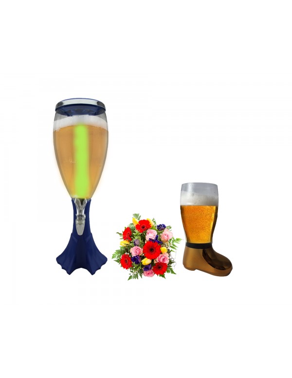 BARRAID Amazing Grand Cup Dispenser Party Beer Dispenser/Decanter for Beer/Whisky/Wine with Sparkling Multi Colored LED Lights (Capacity 3000 ml Blue Color ) with Golden Beer Boot Glass (750 ml)