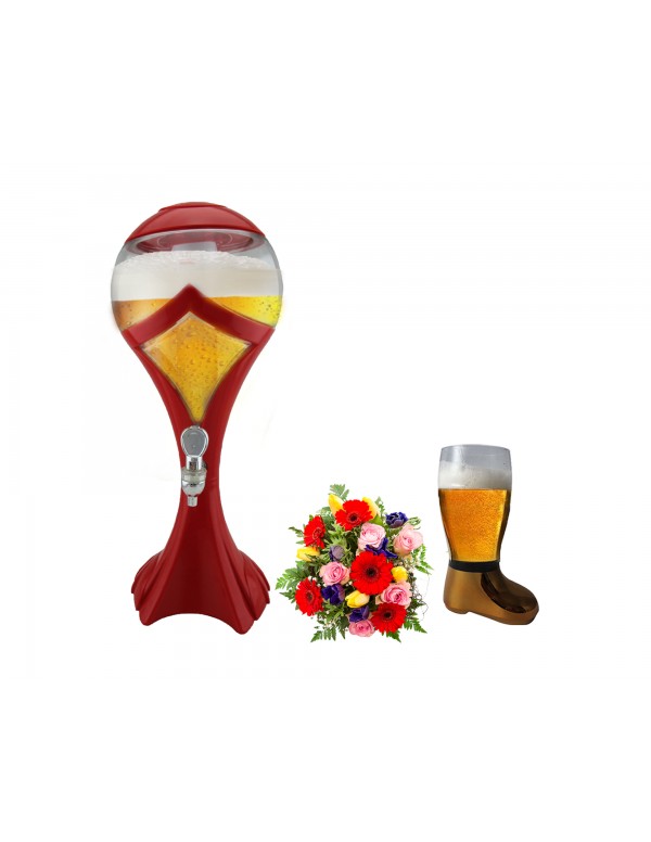 BARRAID World Cup Beer Tower/Dispenser/Decanter with Sparkling Multi Colored LED Lights Capacity 3000 ml (3 litres Red Color) with Free Golden Electroplated Beer Boot Glass (750 ml)