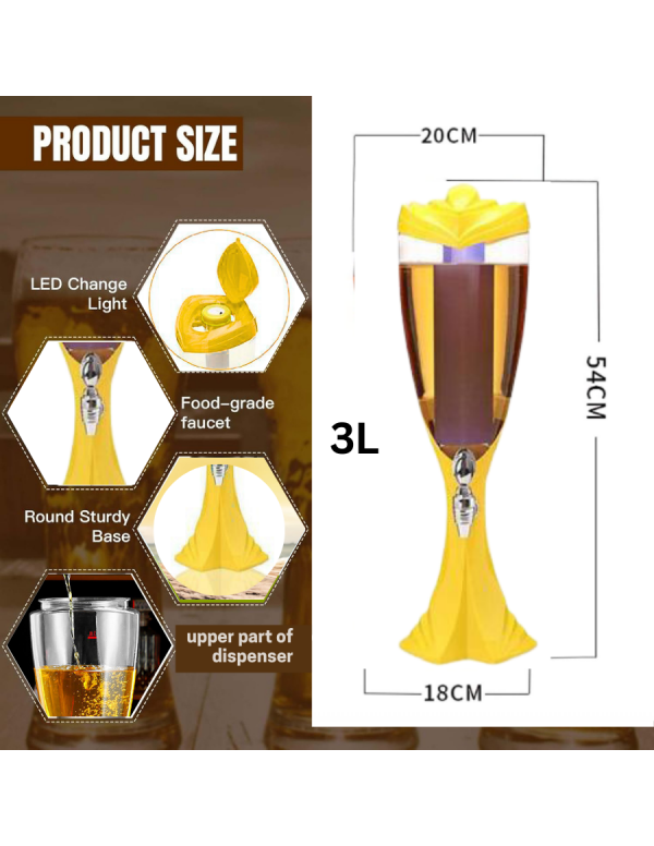BARRAID Beer Tower, 3000 ml Capacity, Multicolour LED Lights (Yellow)