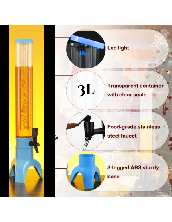 BARRAID Custom Tall Table Beer/Liquor Dispenser/Decanter for Beer/Whisky/Wine Capacity for Party/Home/Bars/Pubs with Multi Sparking LED Light ice Tube(3000 ml/3 L) (BLUE)