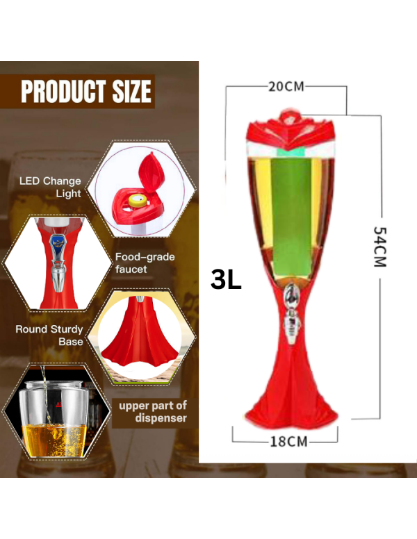 BARRAID Beer Tower, 3000 ml Capacity, Multicolour LED Lights (RED)